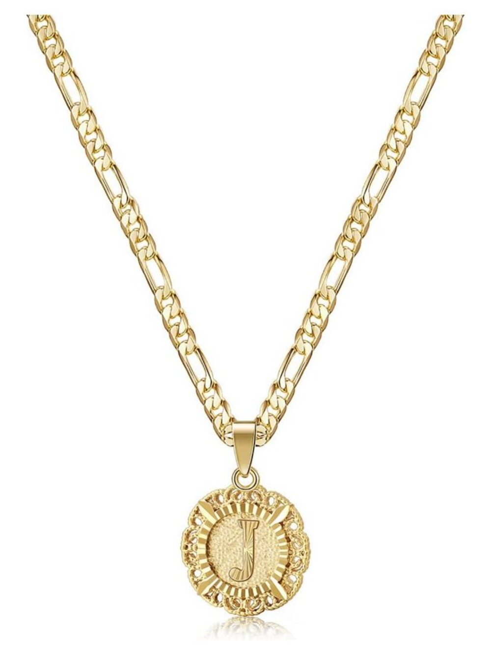 Initial J Pendant Necklace Stainless Steel 14K Gold Filled Figaro Chain 20in